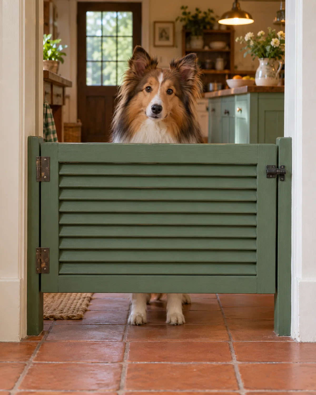 a sable-and-white double-coated dog peering over the top of a repurposed green-painted old shutter used as a gate in a cottage-style kitchen doorway