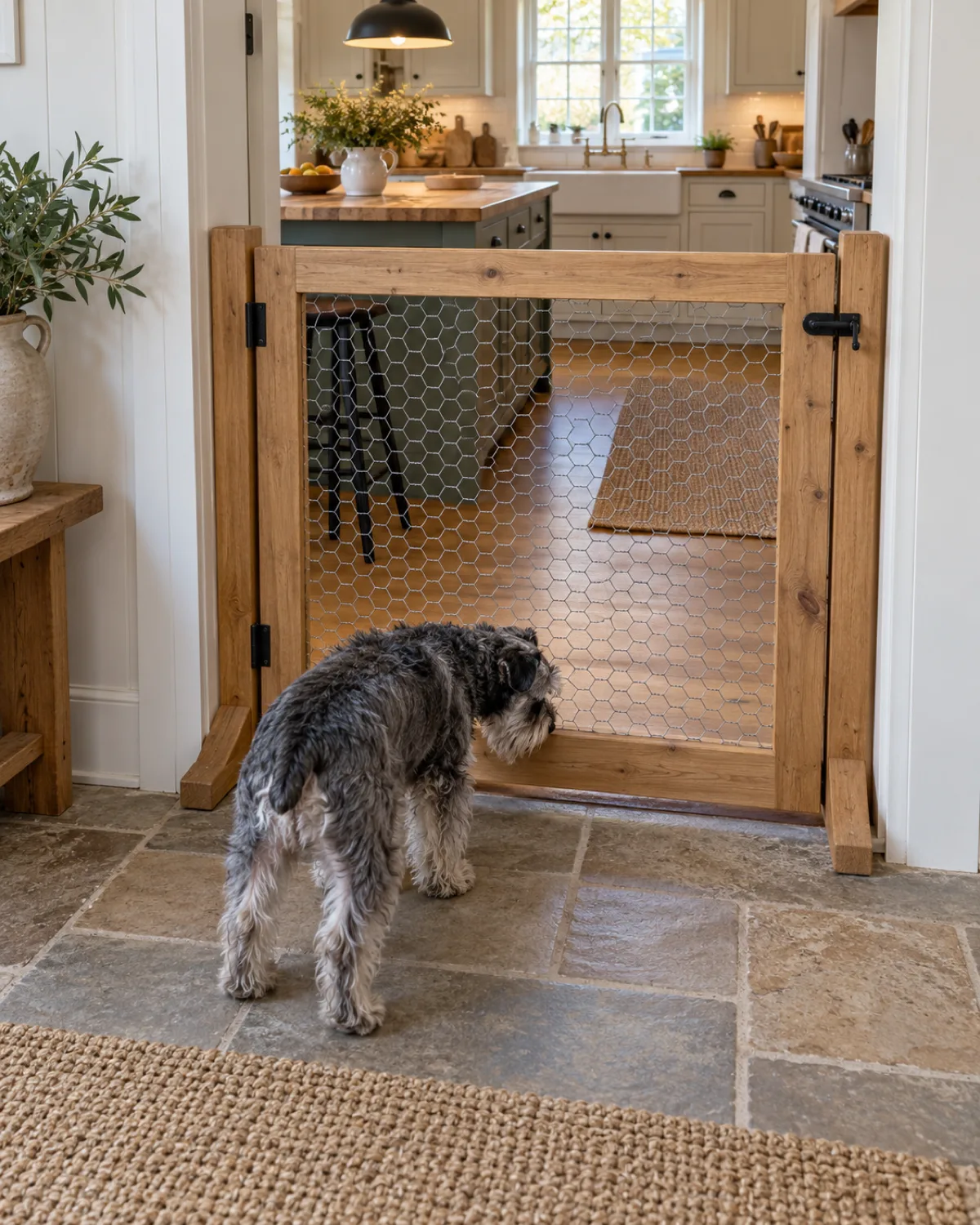 a wiry salt-and-pepper coarse-coated dog sniffing near the base of a simple wood-framed chicken wire gate across a farmhouse kitchen entry