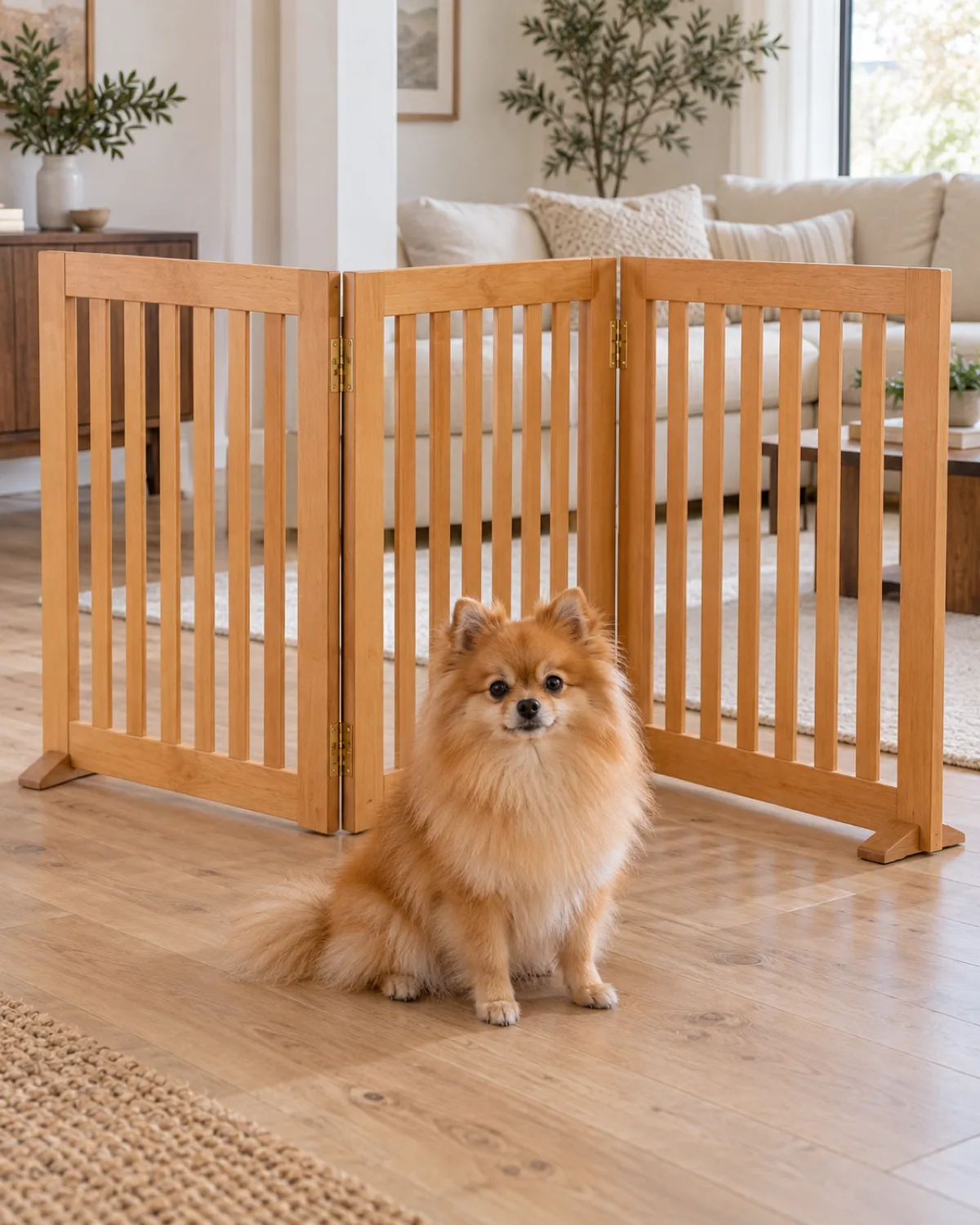 a fluffy orange tiny compact dog sitting in front of a three-panel accordion-fold screen gate in warm maple finish in an open-plan living room