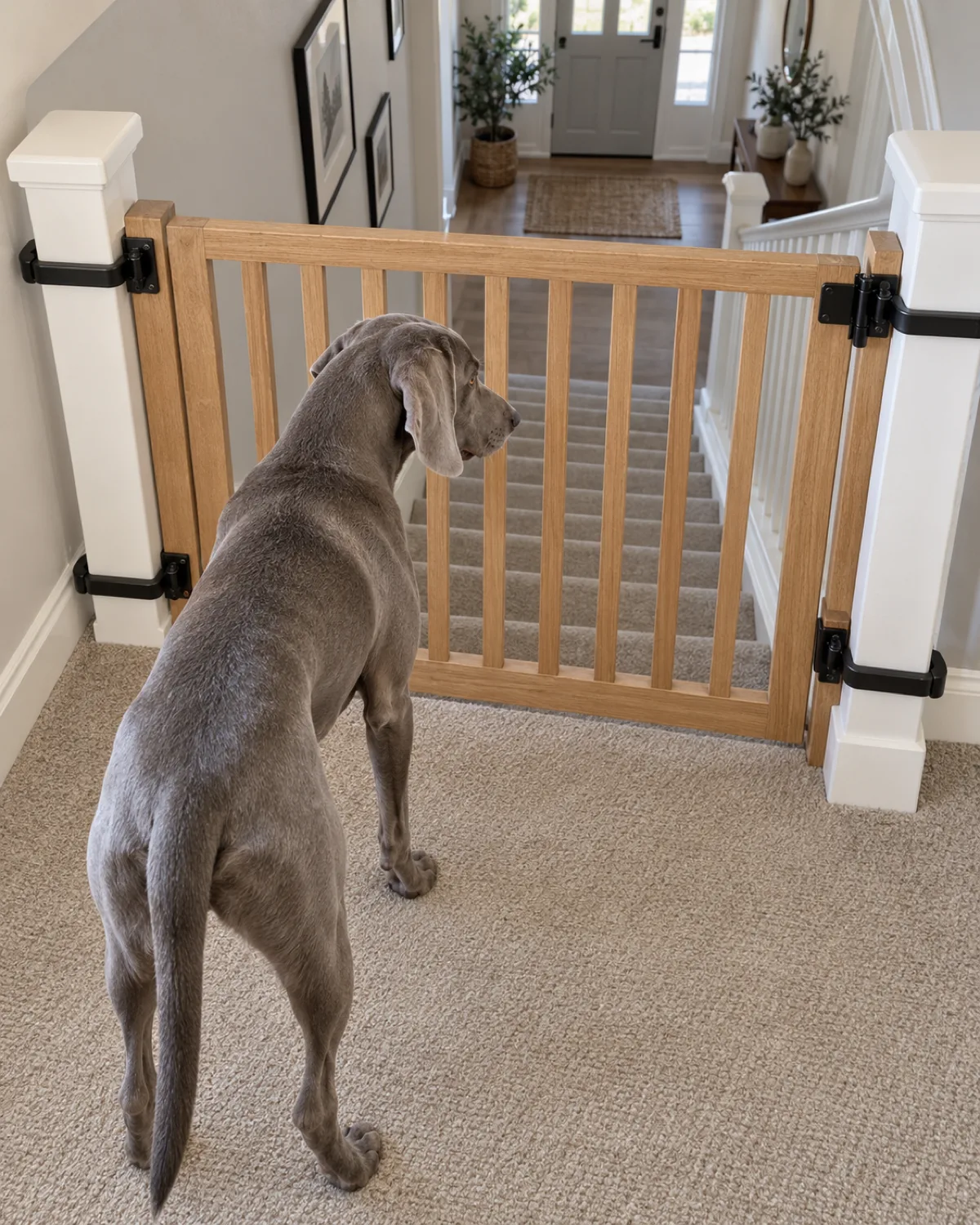 a silver-grey sleek short-coated athletic dog looking down a carpeted staircase from the top landing with a wood-frame gate clamped to white banister posts