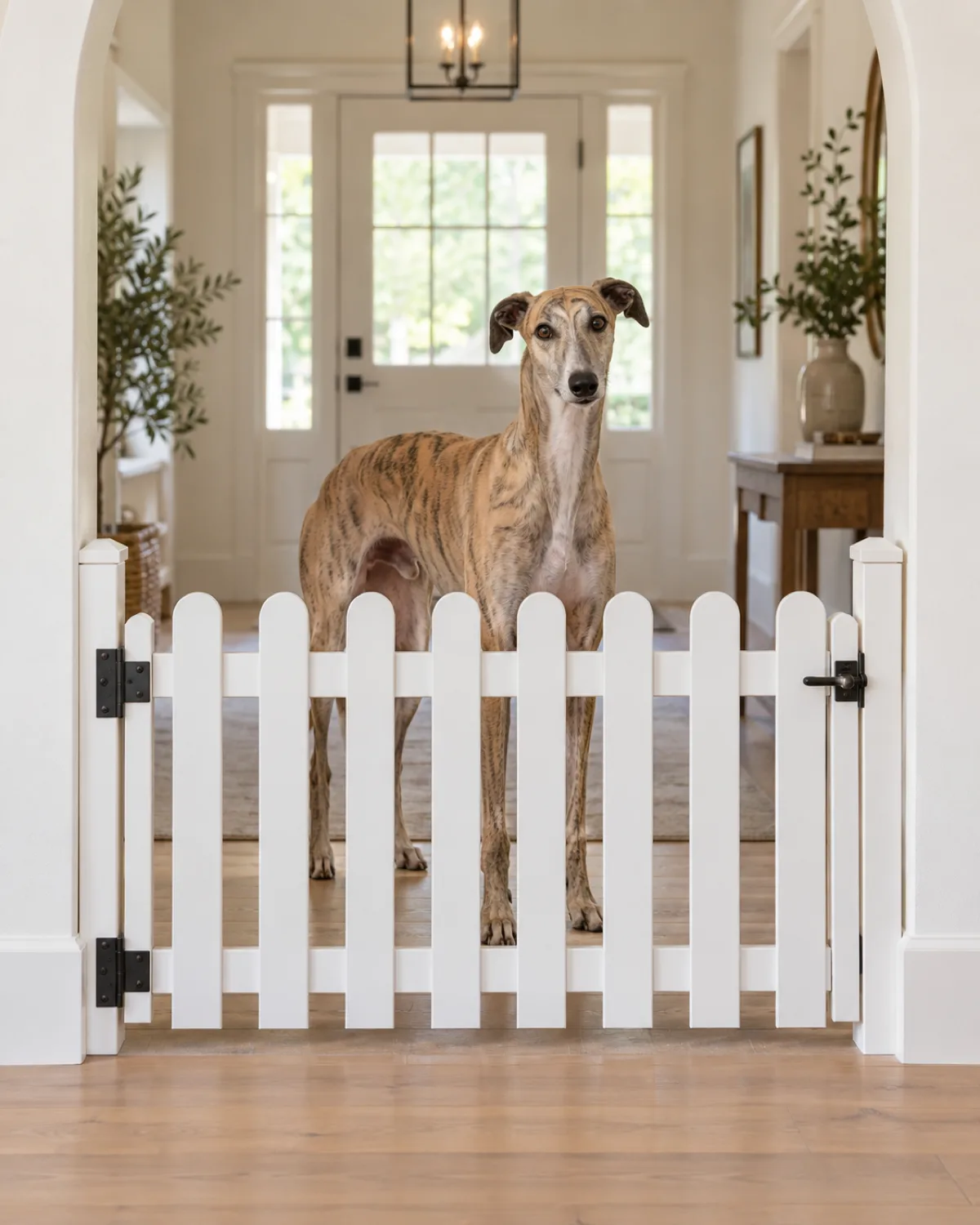 a fawn-brindle slender deep-chested dog standing behind a miniature white picket fence gate across a wide bright entryway archway
