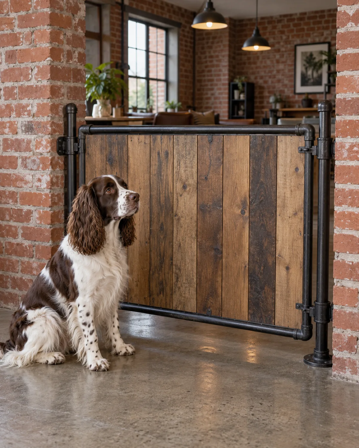a liver-and-white silky wavy-coated dog sitting on polished concrete floor in a loft apartment with a black iron-pipe-and-wood industrial-style gate between exposed brick walls