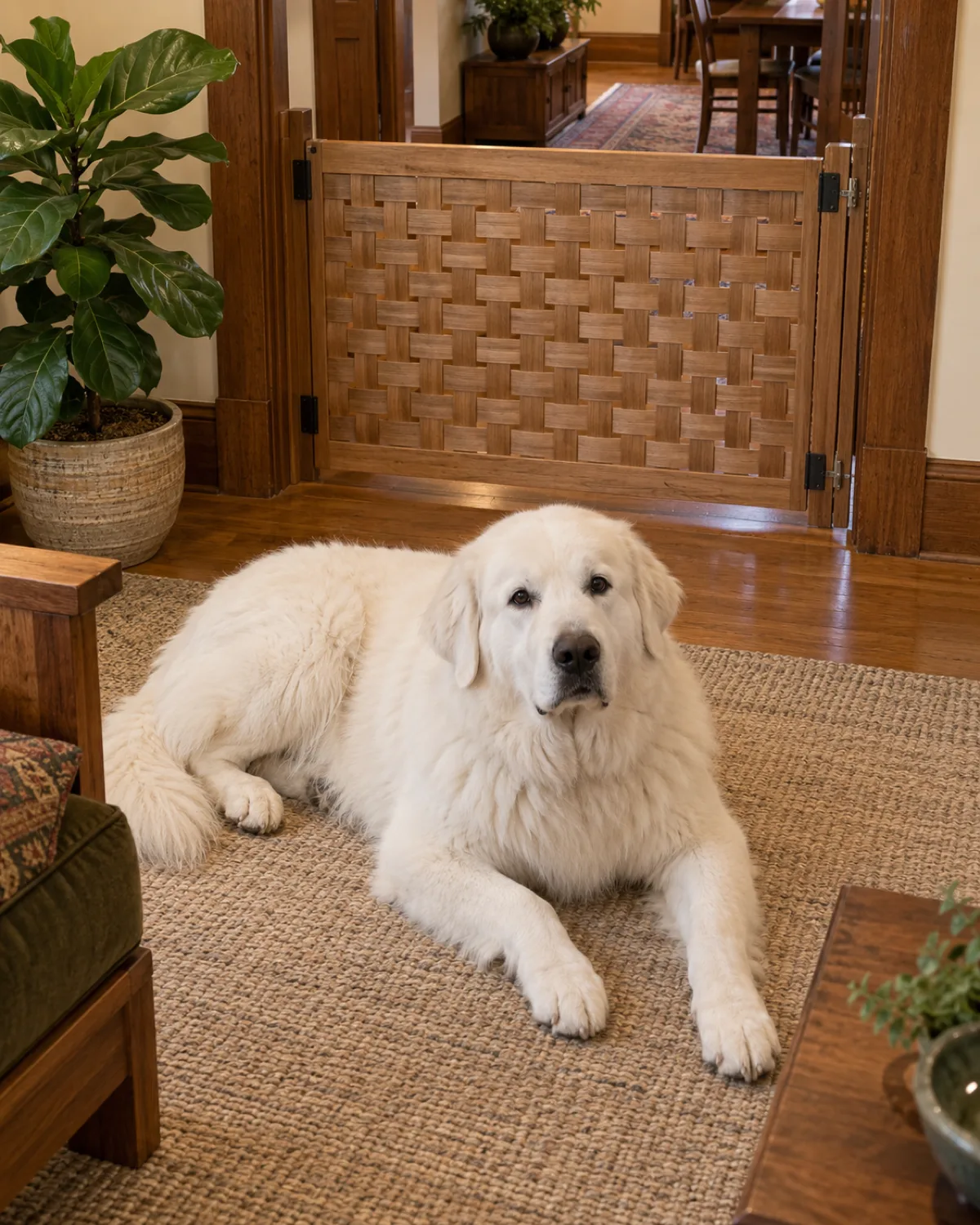 a pure-white large thick-coated dog lying on a linen rug in a craftsman living room with a woven basket-weave wood panel gate in a wide doorway