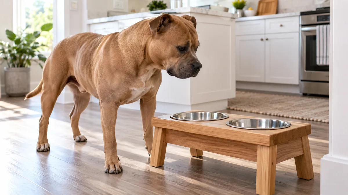 a medium muscular fawn-coated dog standing beside a raised wooden feeding station with two stainless steel bowls in a bright modern kitchen with white countertops and morning sunlight