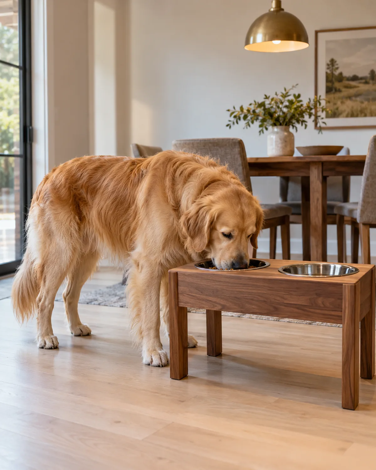 a large golden-coated dog with feathered fur eating from a raised wooden platform feeder with two embedded stainless steel bowls in a dining area with pale hardwood floor and warm pendant light