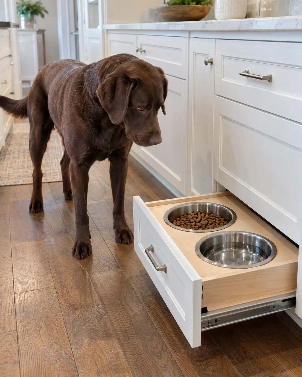 a large solid chocolate-brown short-coated dog watching a pull-out kitchen drawer with two dog bowls inside slide open from white shaker cabinets