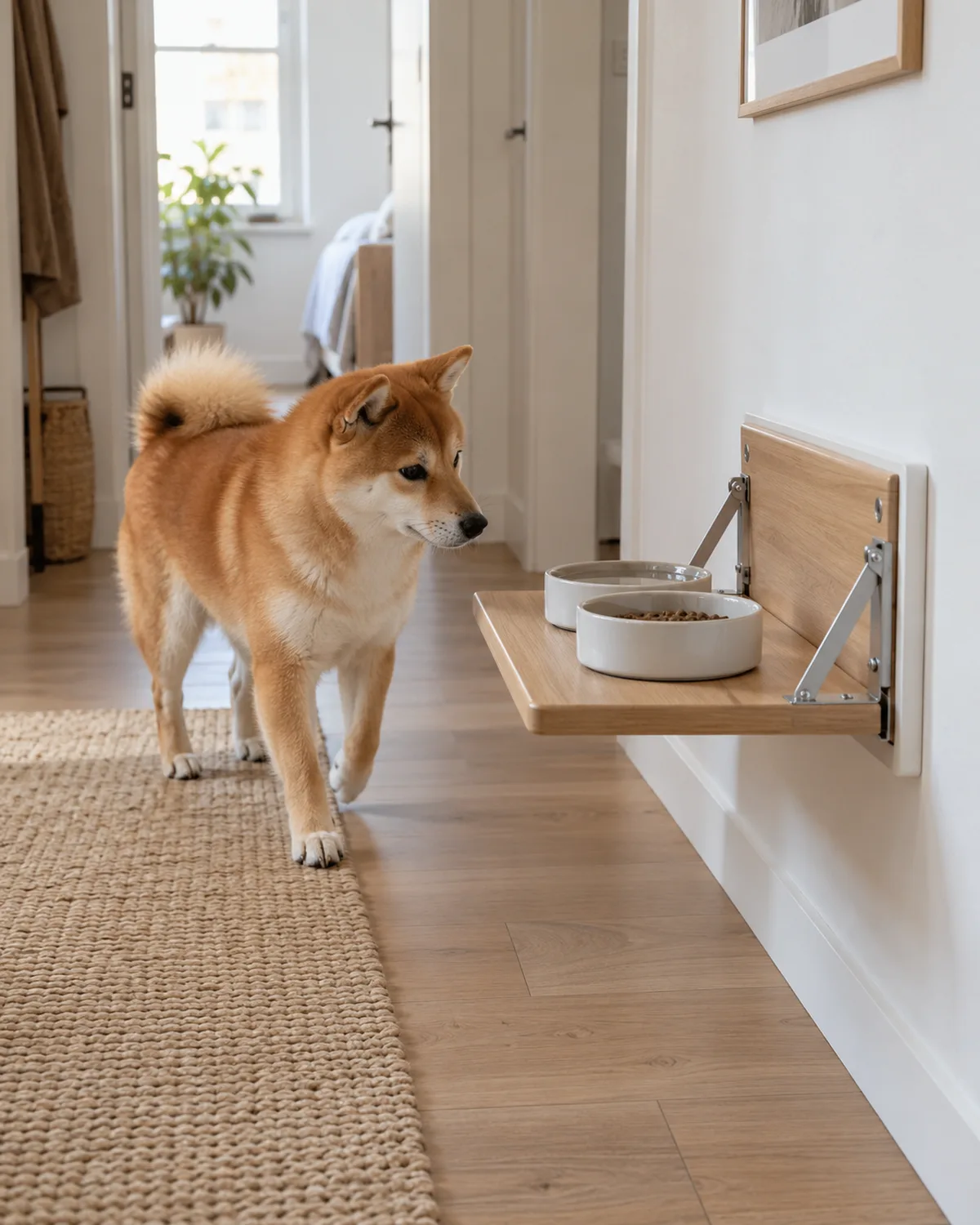 a small compact orange-red double-coated dog with erect ears and a curled tail approaching a wall-mounted fold-down feeding shelf holding two bowls in a small apartment hallway