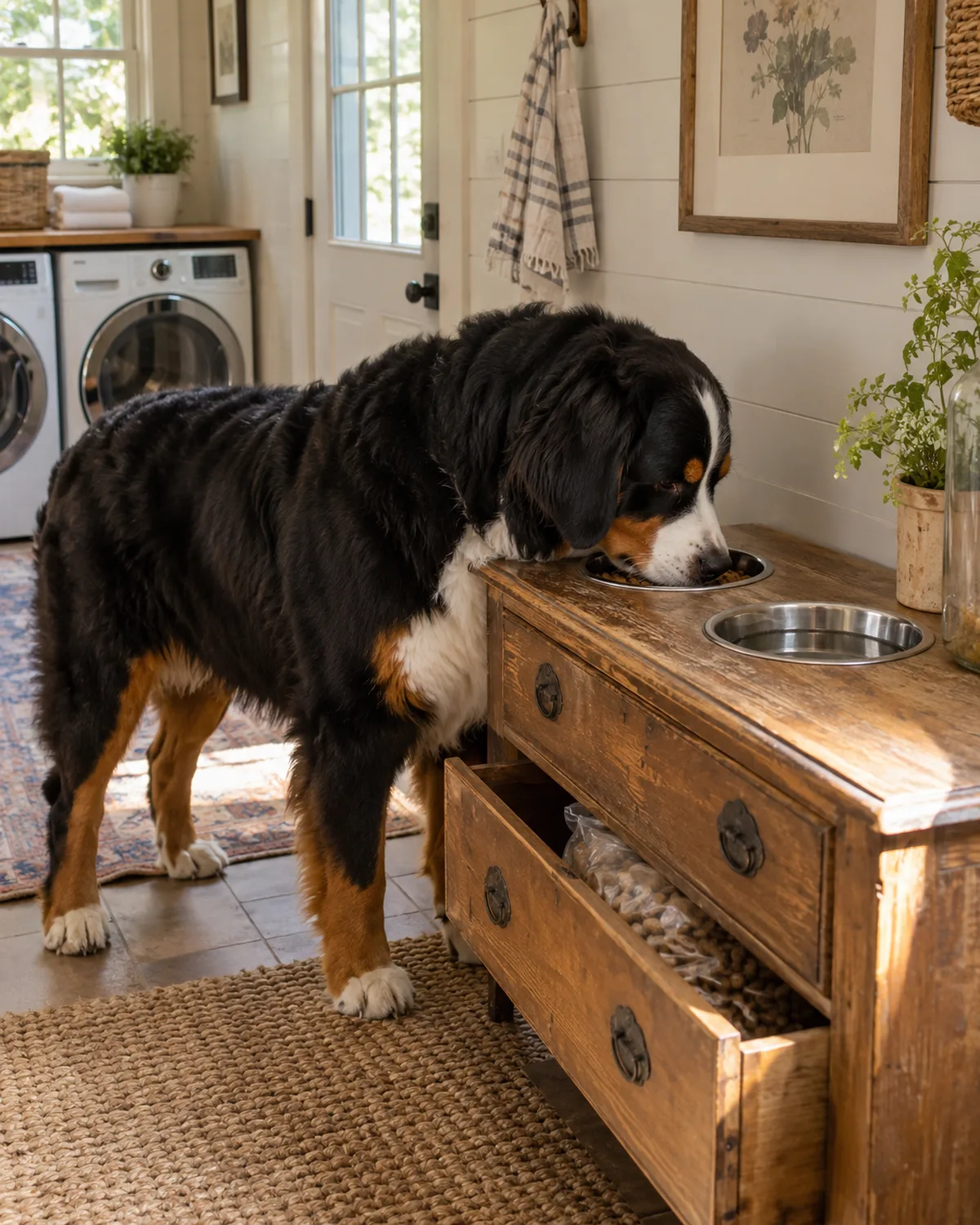 a large sturdy tricolor dog eating from bowls set into a repurposed vintage dresser with shiplap walls in a farmhouse-style laundry room