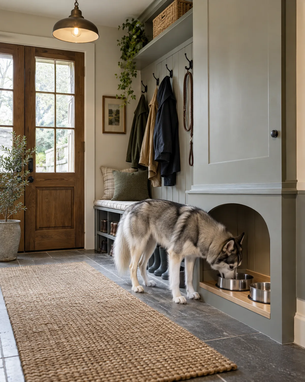 a medium grey-and-white double-coated dog with erect triangular ears drinking from a bowl in a built-in mudroom nook with an arched top beside coat hooks and a boot rack