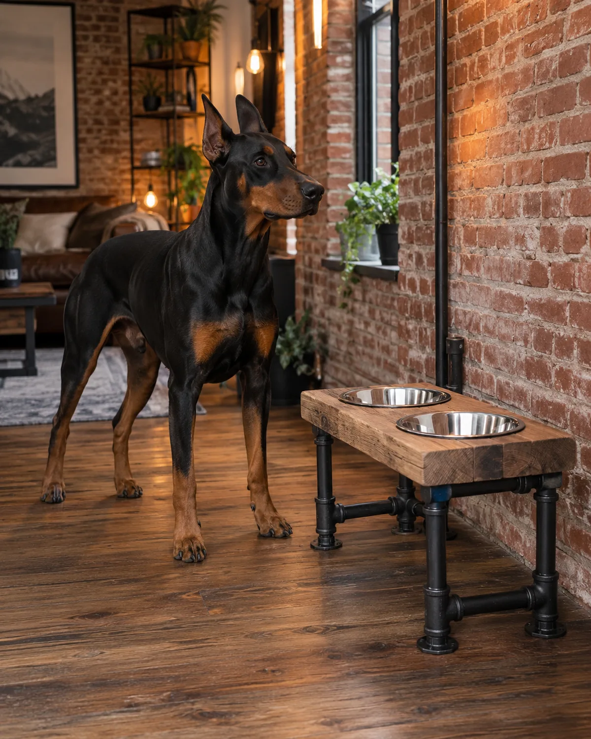 a large lean muscular black-and-tan short-coated dog standing beside an industrial iron-pipe-and-reclaimed-wood feeding stand in a loft apartment with exposed brick