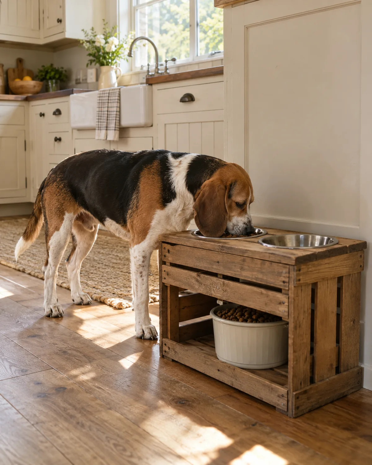 a small tricolor short-coated hound eating from a farmhouse wooden crate-style feeding station with slatted sides in a country kitchen with cream cabinetry