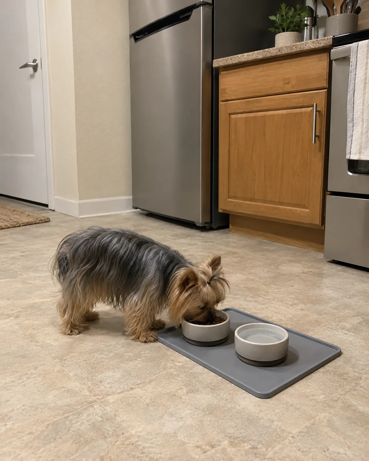 a tiny silky-coated steel-blue-and-tan dog eating from a small bowl on a grey silicone mat with raised edges on a kitchen floor in a rental apartment
