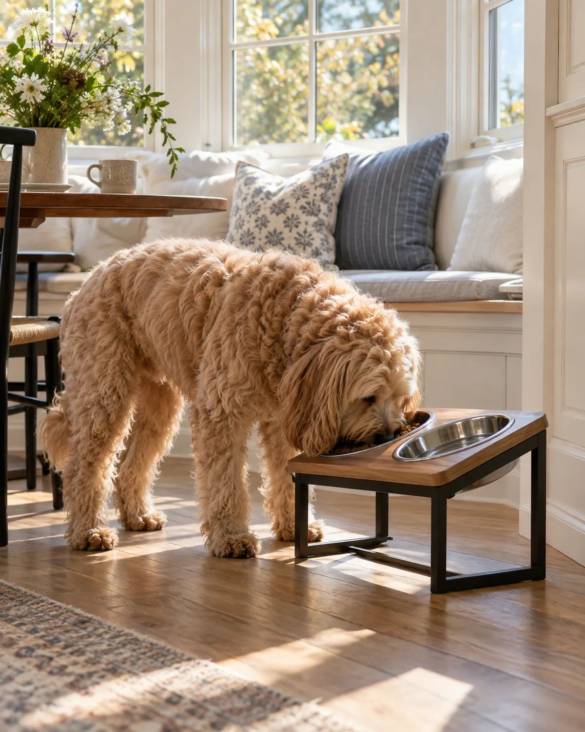 a medium apricot curly-coated dog eating from a tilted elevated bowl holder angled slightly forward in a bright breakfast nook with a window seat and natural sunlight