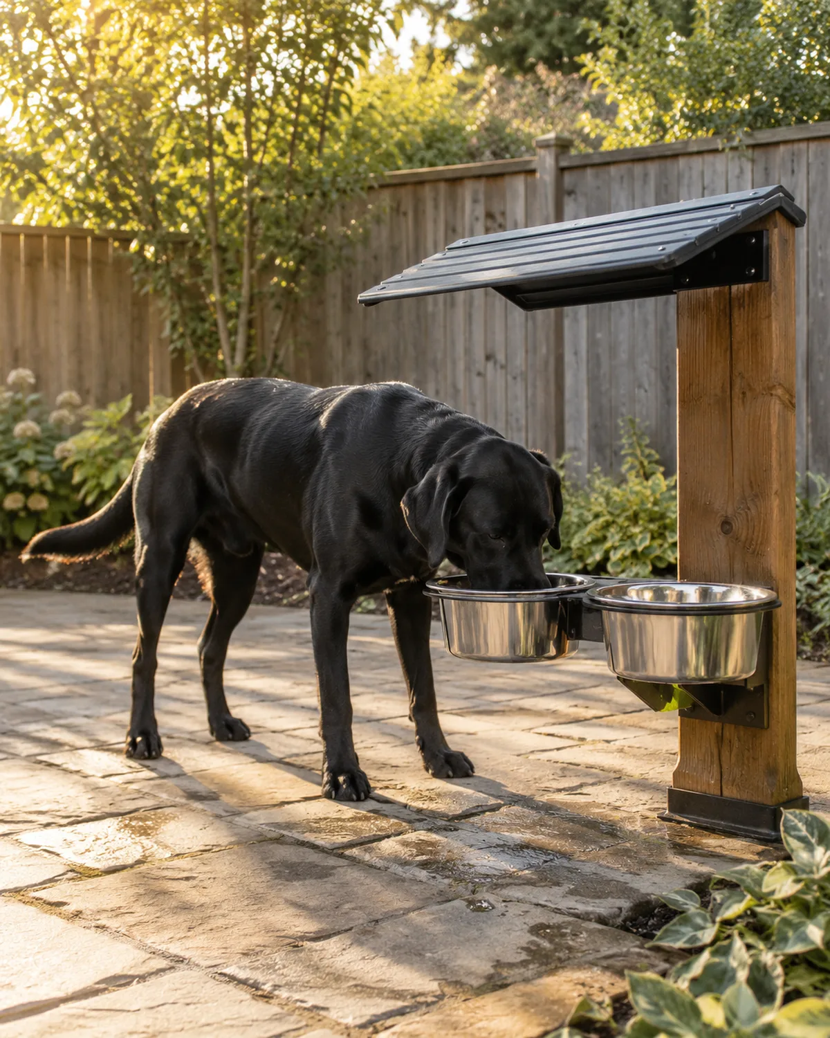 a large athletic solid-black short-coated dog drinking from a stainless steel bowl on a weatherproof outdoor feeding post with a small rain canopy on a backyard patio