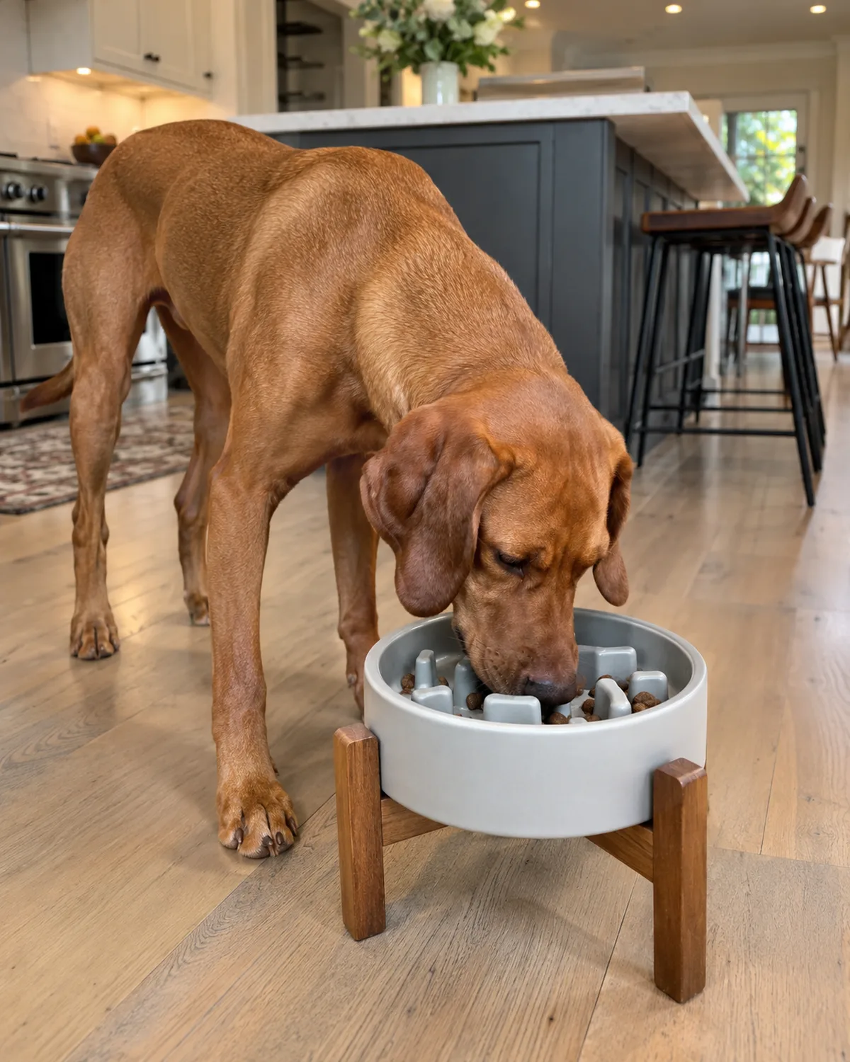 a medium-large sleek rusty golden-brown short-coated dog eating from a raised slow feeder bowl with internal ridges on a wooden stand in an open-plan kitchen