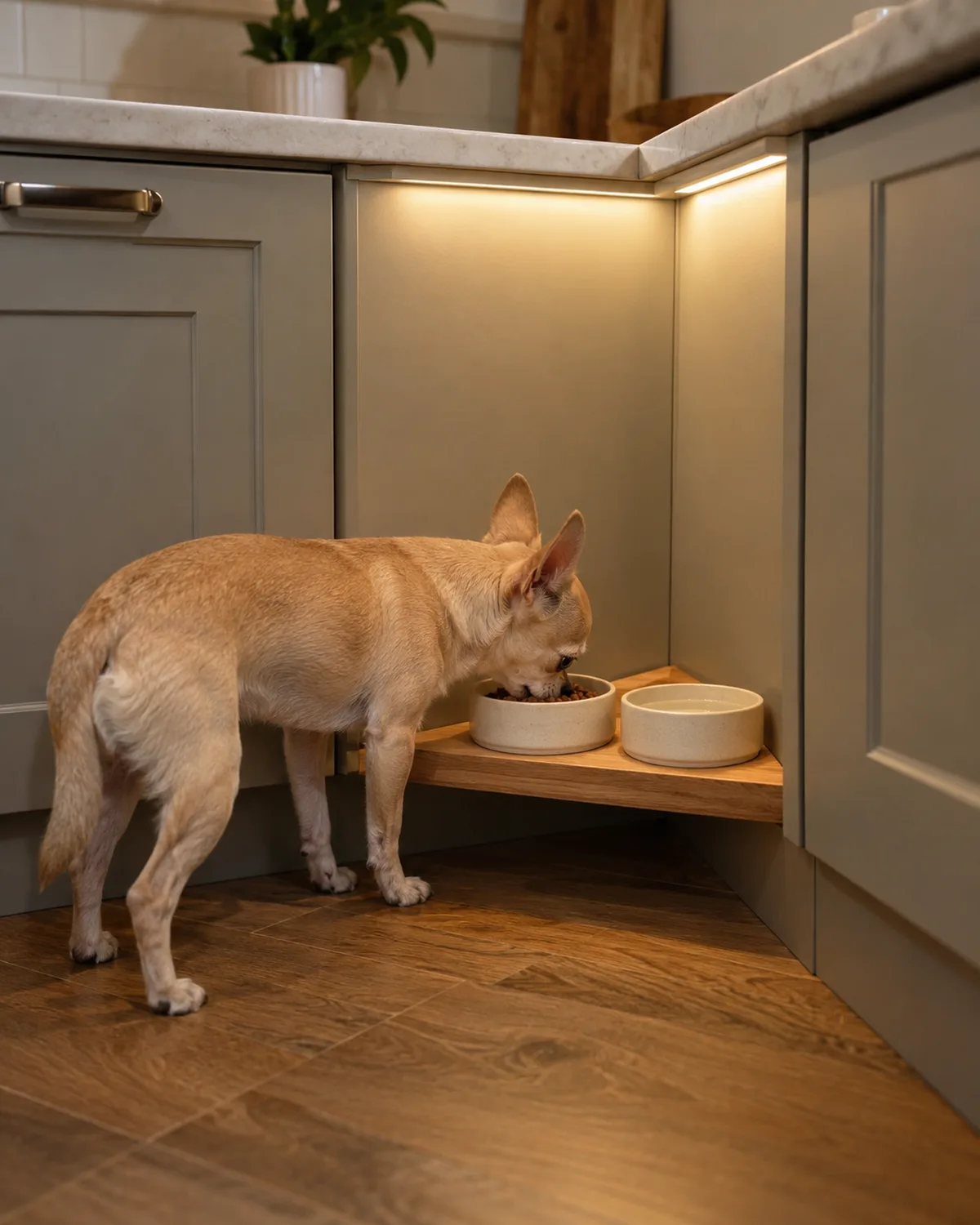 a tiny fawn-coated dog with oversized erect ears eating from a small bowl on a custom triangular corner shelf installed between two kitchen cabinets with under-cabinet lighting