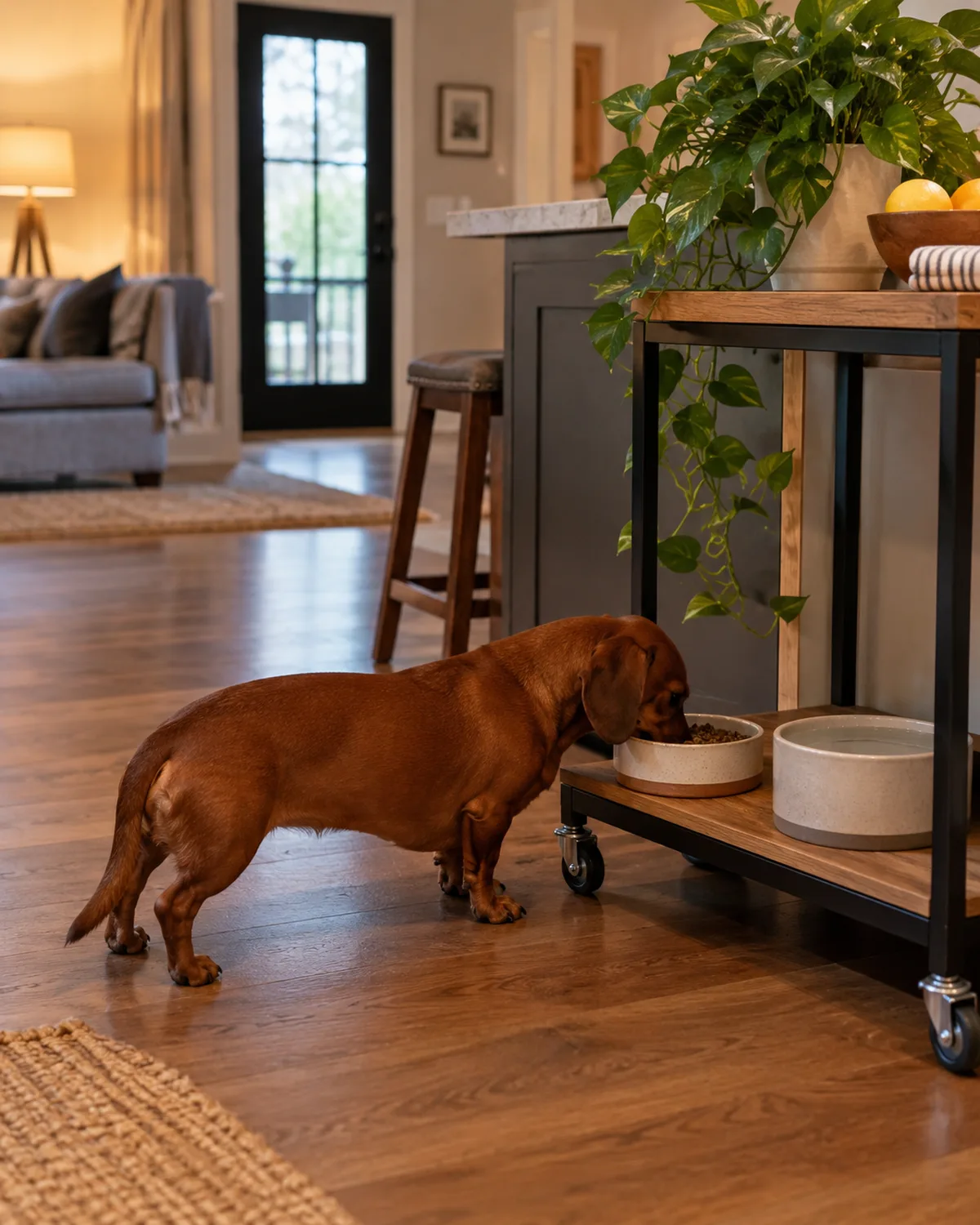 a small solid-red smooth-coated long-bodied dog eating from bowls on a small rolling cart with wheels parked beside a kitchen island in an open living area