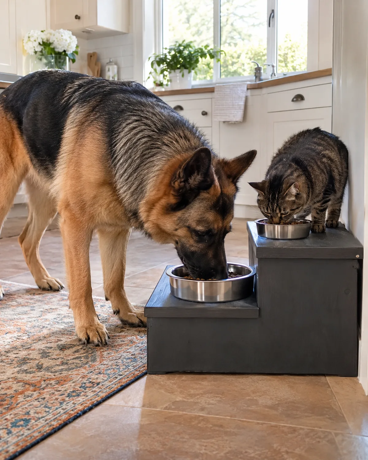 a large tan-and-black saddle-coated dog eating from the lower tier of a two-tier step platform while a tabby cat eats from the upper tier in a bright kitchen