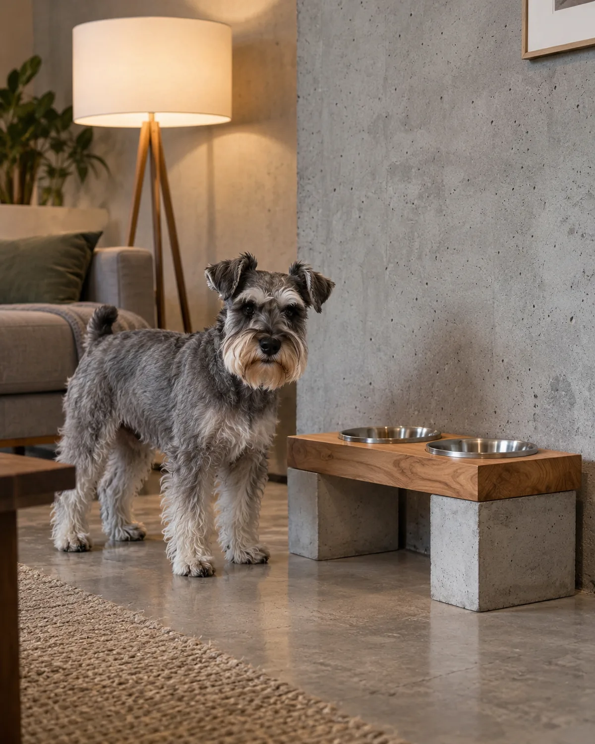 a small wiry salt-and-pepper grey-coated dog standing beside a minimalist stand made of two concrete blocks supporting a natural wood plank with two bowls in a modern living room