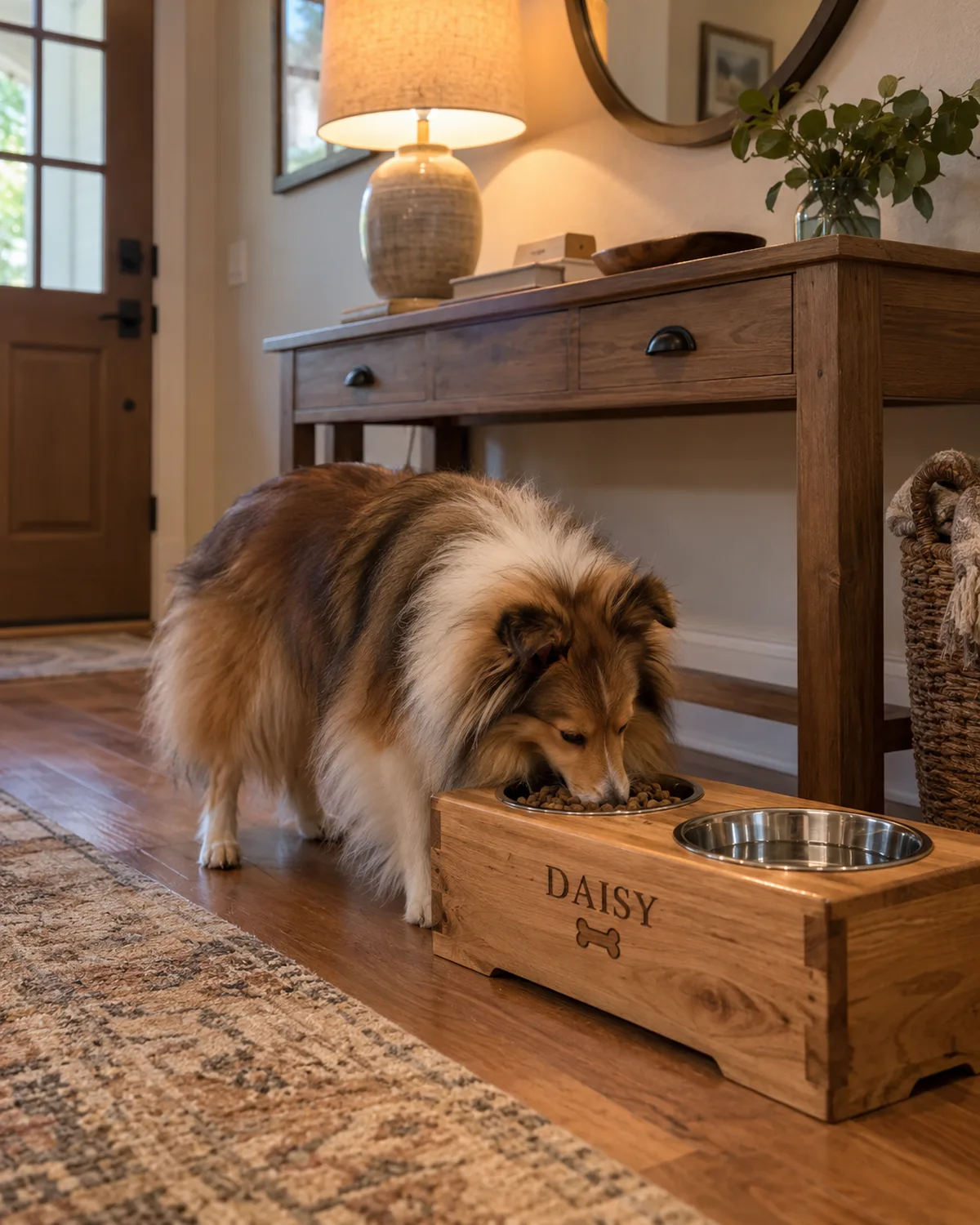 a small collie-like dog with abundant sable-and-white long coat eating from a personalized wooden feeding station with the name DAISY engraved on the front panel in a warm entryway