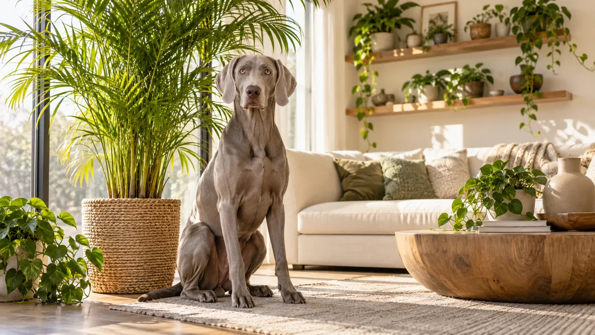 a large sleek silver-grey short-coated dog with floppy ears sitting beside a tall areca palm in a bright sunlit living room with several potted plants on floating shelves