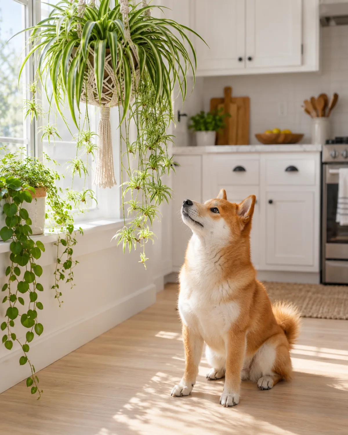a small compact orange-red double-coated dog with erect ears sitting on a pale wood kitchen floor looking up at a hanging spider plant in a macramé hanger near a sunny window