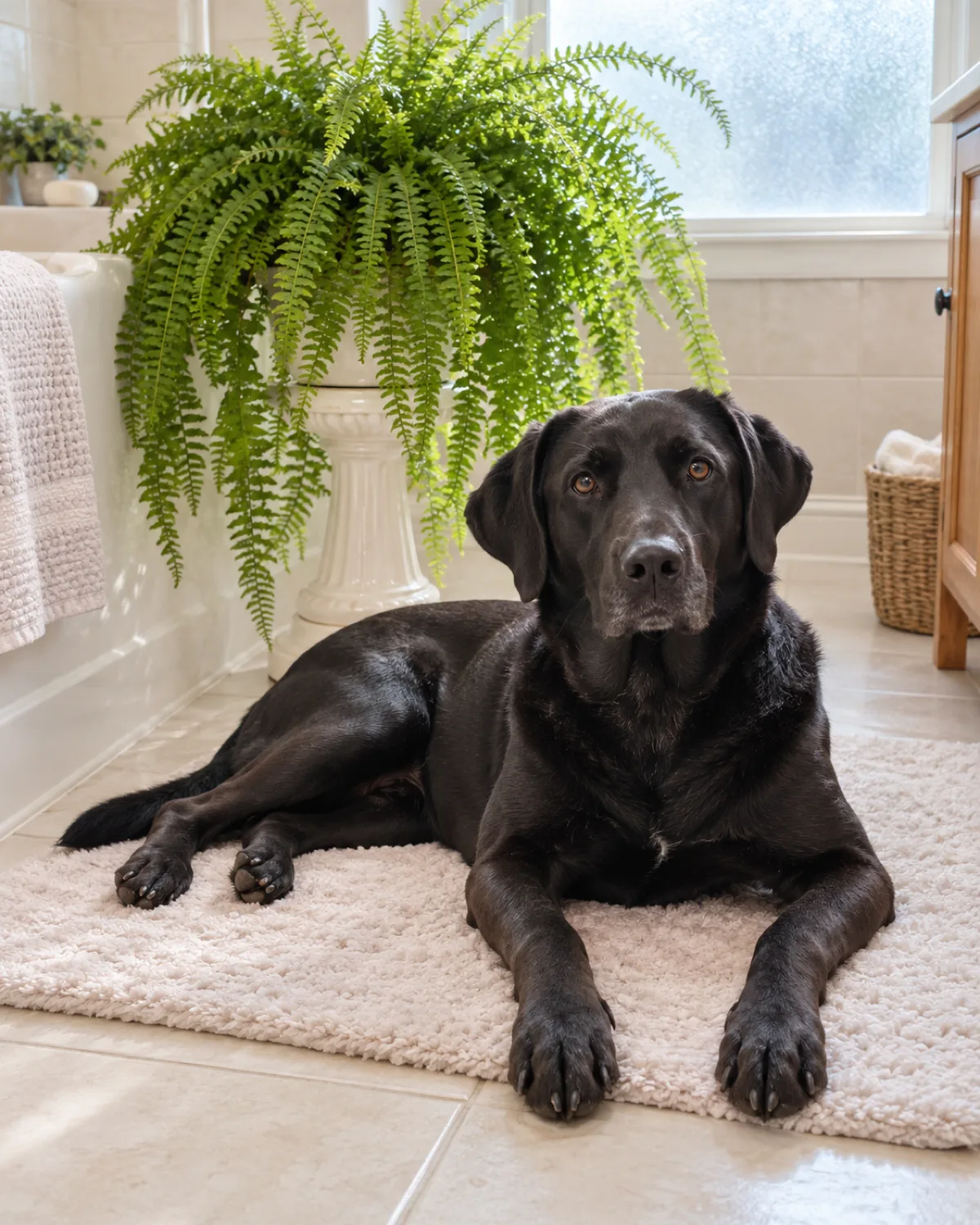 a large athletic solid-black short-coated dog with floppy ears lying on a fluffy bath mat beside a large lush Boston fern on a white ceramic stand in a cozy bathroom corner with soft diffused light