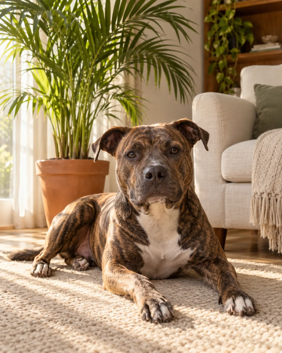 a medium muscular brindle-coated dog with a broad blocky head lounging on a beige rug in front of a tall areca palm in a terracotta pot in a modern living room with afternoon golden light