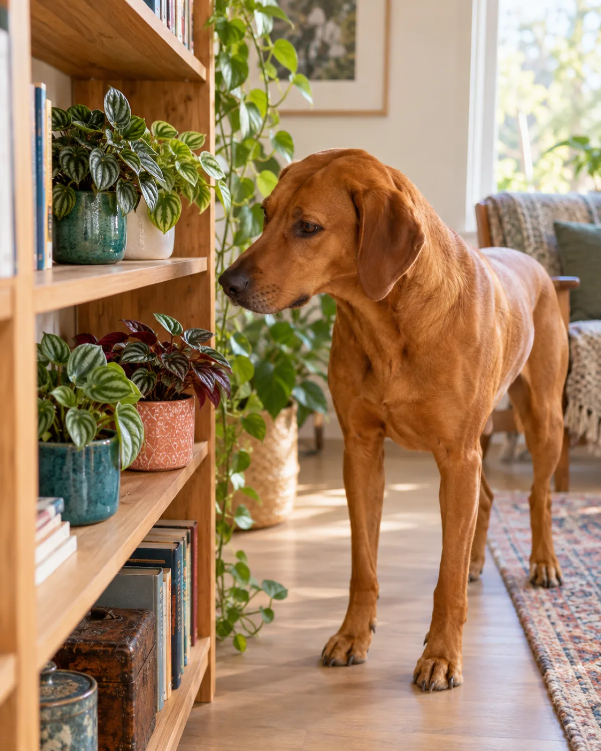 a medium-large sleek rusty golden-brown short-coated dog with floppy ears standing beside a wooden bookshelf with several small peperomia plants in colorful pots, natural side light from a window