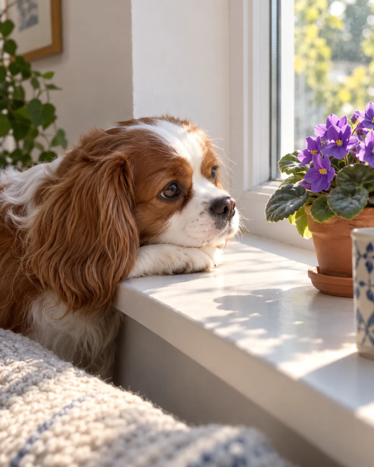 a small chestnut-and-white silky-coated dog with long feathered floppy ears resting its chin on a sunny windowsill beside a blooming African violet with purple flowers in a small terracotta pot