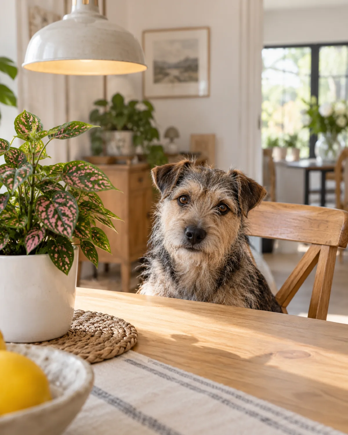 a small scruffy grizzle-and-tan dog with folded V-shaped ears sitting on a dining chair peeking over a light wood dining table at a small polka dot plant with pink-speckled leaves in a white pot