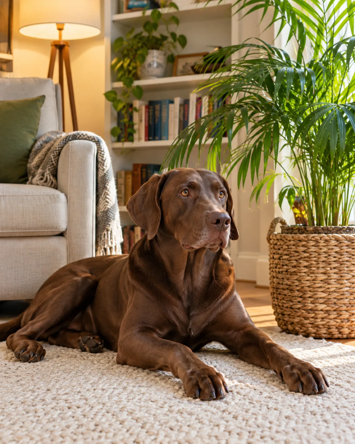 a large solid chocolate-brown short-coated dog with floppy ears lying on a cream rug near a parlor palm in a woven basket planter beside a low armchair in a reading corner with warm lamp light