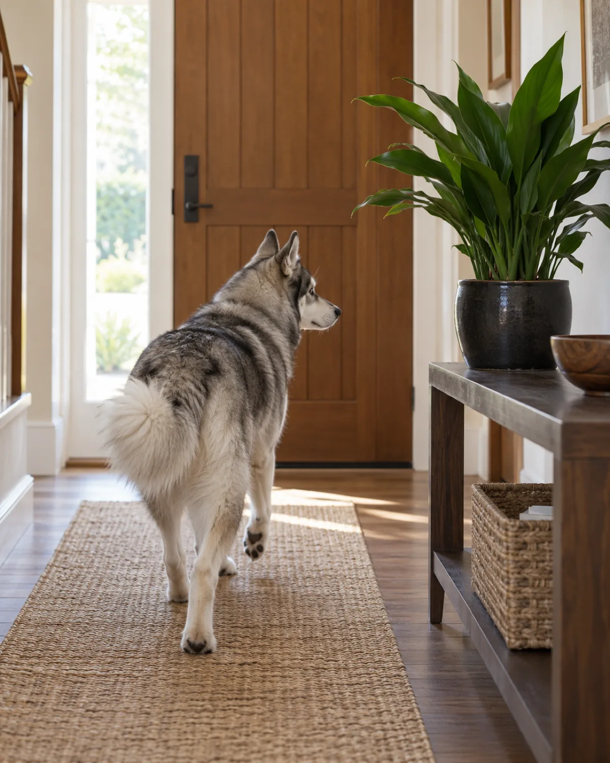 a medium athletic grey-and-white double-coated dog with a darker facial mask and erect triangular ears walking past a cast iron plant in a dark ceramic pot on a low console table in a minimalist entryway