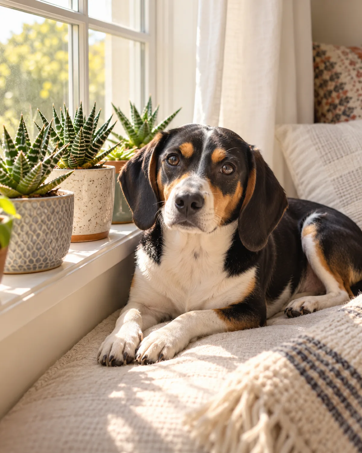 a small sturdy tricolor short-coated hound with long floppy ears lying on a window seat cushion beside a cluster of small haworthia succulents in individual pots on a bright sunny windowsill