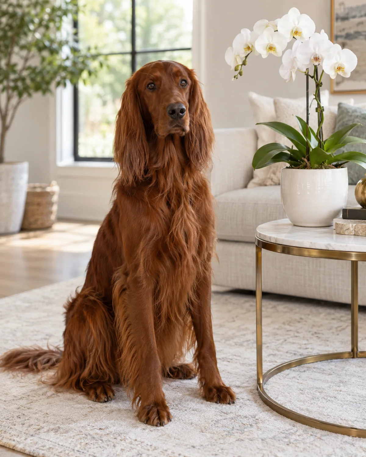 a large lean dog with a solid deep mahogany-red long silky feathered coat and long floppy ears sitting gracefully beside a side table with a white phalaenopsis orchid in a ceramic pot in an elegant living room