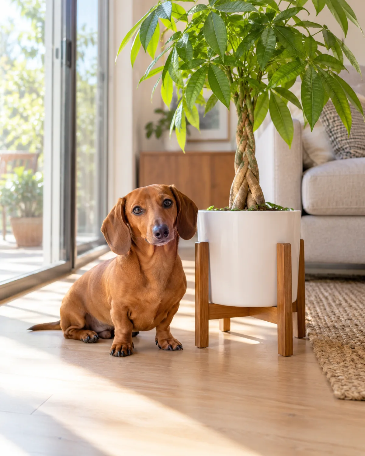 a small smooth solid-red long-bodied short-legged dog with long floppy ears sitting beside a braided-trunk money tree in a white pot on a low plant stand in a bright modern living room with morning light