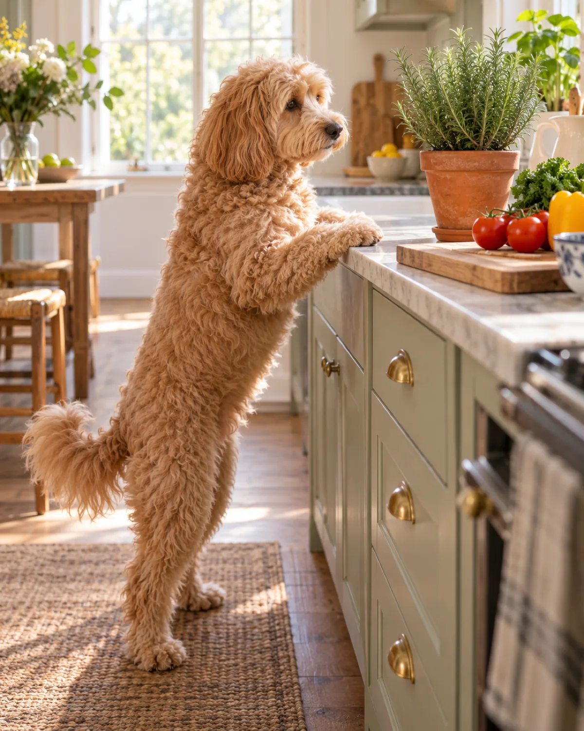 a medium shaggy wavy-to-curly apricot-coated dog with floppy ears and a teddy-bear face standing on hind legs with front paws on a sunlit kitchen counter edge looking at a terracotta pot of rosemary beside a cutting board