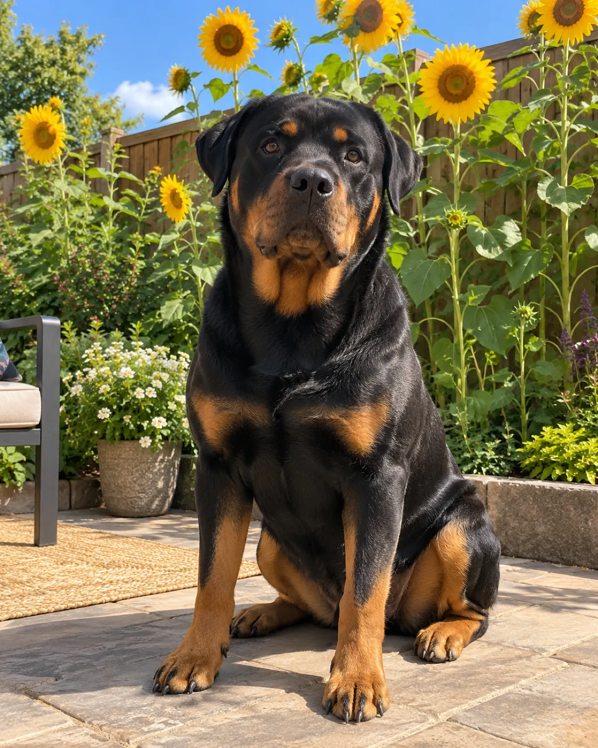 a large powerful black-and-tan short-coated dog with a broad blocky head and floppy ears sitting on a stone patio tile in front of tall blooming sunflowers along a wooden fence on a bright summer afternoon