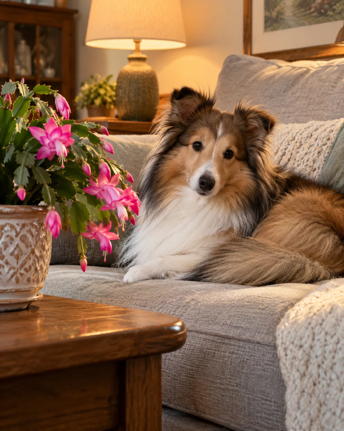 a small collie-like sable-and-white long-coated dog with a mane and frill and semi-erect ears curled up on a sofa cushion near a blooming Christmas cactus with pink flowers in a decorative pot on a coffee table