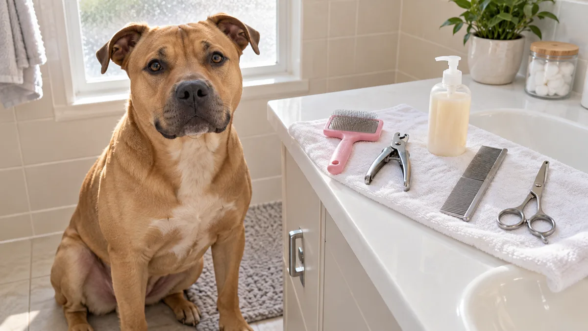 a medium fawn-coated muscular dog sitting beside a bright bathroom counter with an organized row of grooming tools on a white towel