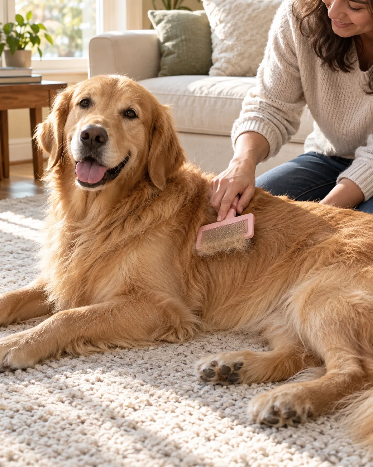 a large golden-coated dog with medium feathered fur being gently brushed with a pink slicker brush on a pale area rug in a living room