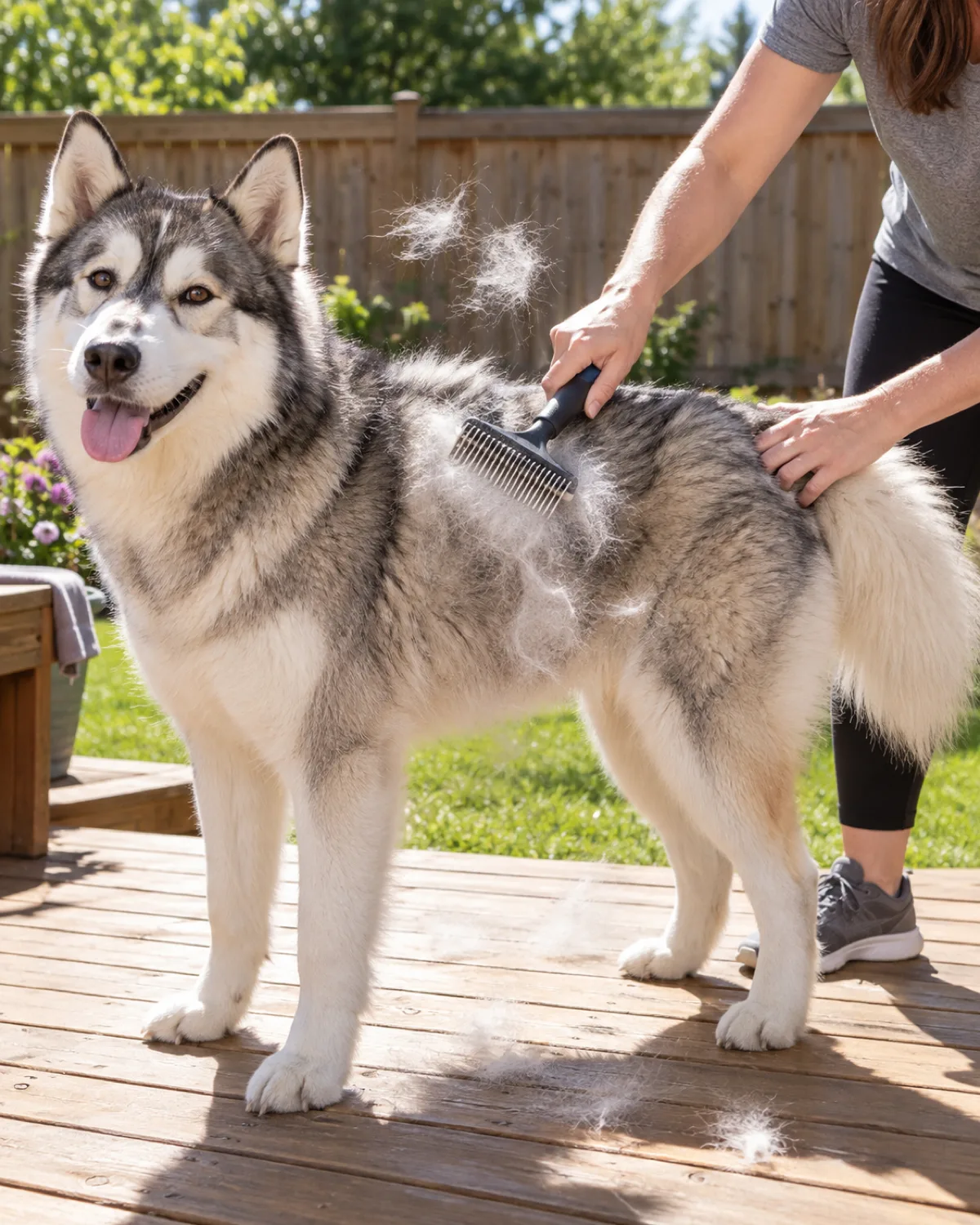 a grey-and-white athletic double-coated dog standing on a sunny backyard wooden deck being groomed with an undercoat rake, loose tufts of white undercoat floating in the air