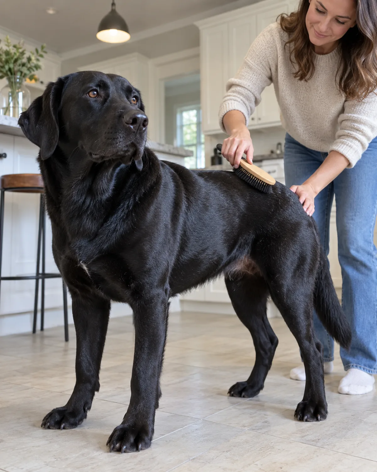 a large athletic solid-black short-coated dog with a glossy coat standing in a kitchen while being brushed along the back with a soft oval bristle brush