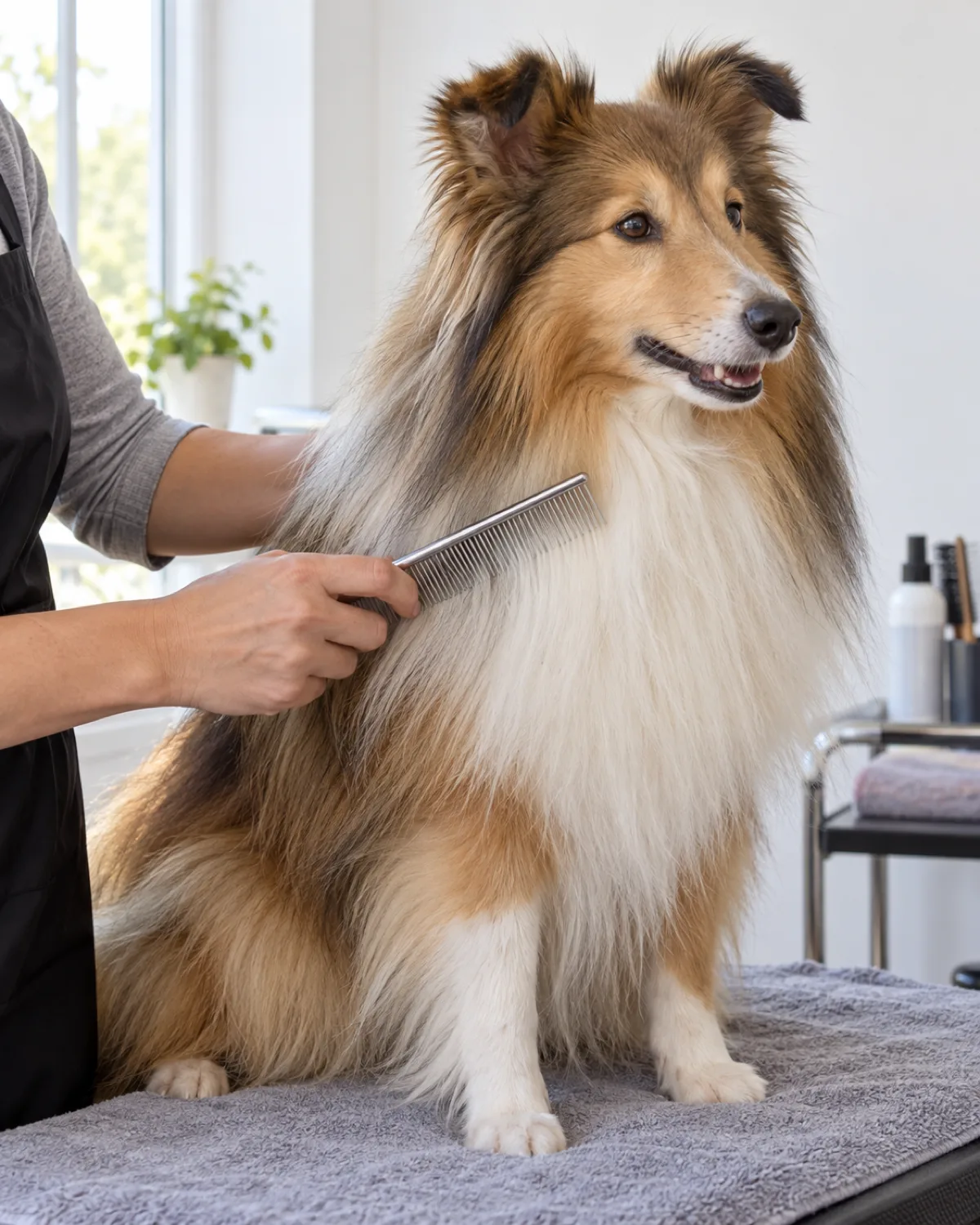 a small collie-like dog with an abundant sable-and-white long coat sitting on a towel-covered grooming table, being combed through the thick mane with a stainless steel comb