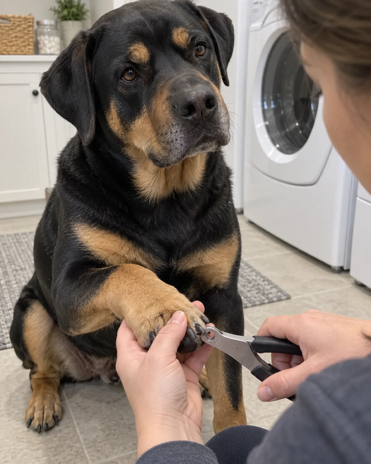 a large powerful black-and-tan short-coated dog sitting steadily in a laundry room while a person positions nail clippers at the tip of a dark nail on a front paw