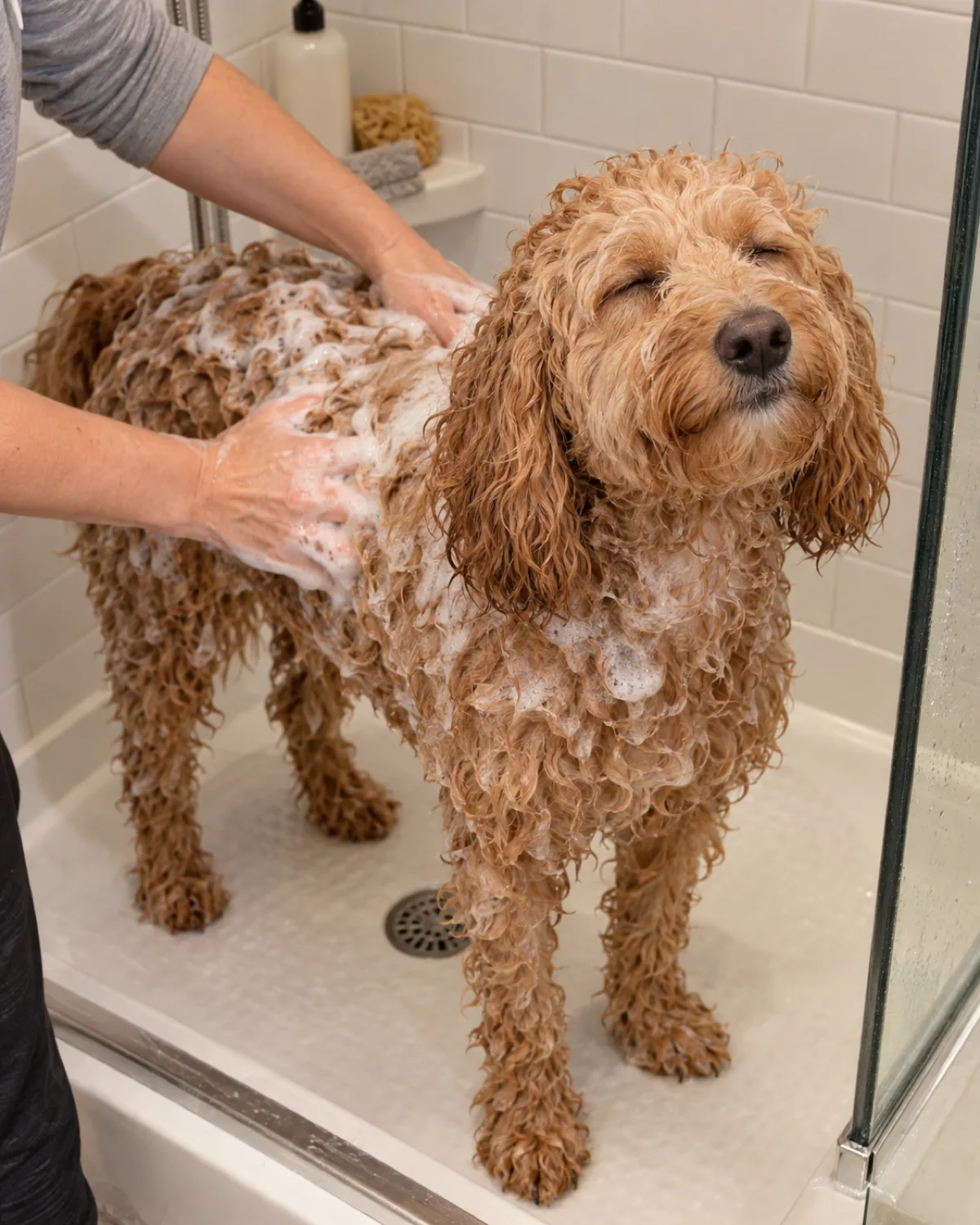 a medium apricot curly-coated dog standing in a walk-in shower with white subway tile walls, being lathered with shampoo, white suds visible in the curly coat