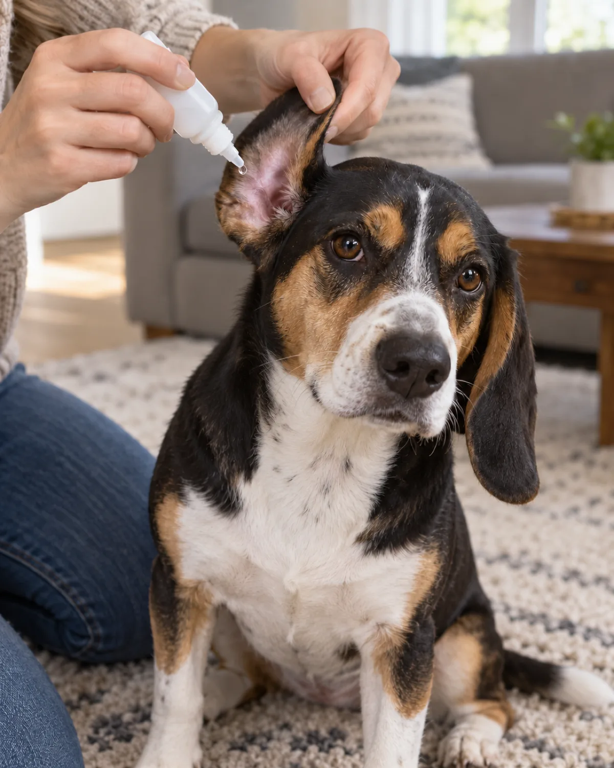 a small sturdy tricolor short-coated hound with long low-set floppy ears sitting on a soft rug while a person gently squeezes ear cleaning solution into a lifted ear flap
