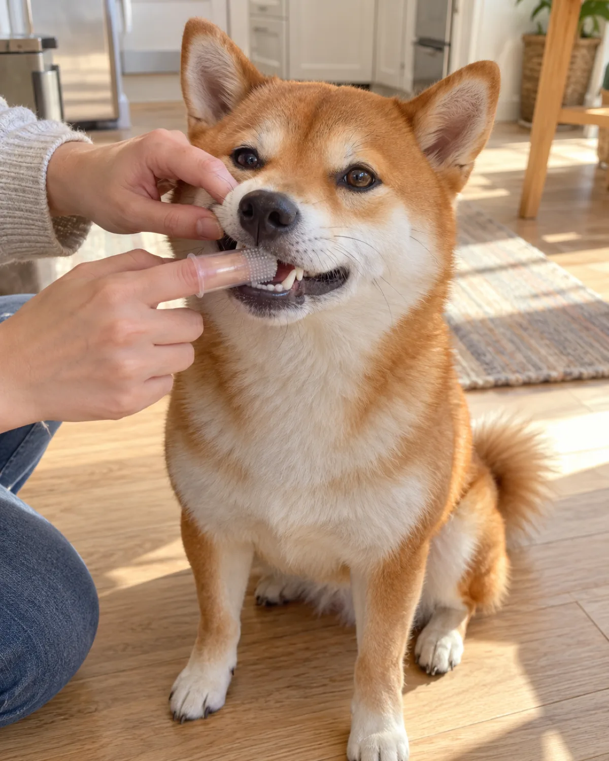 a small compact fox-faced dog with a thick orange-red double coat and white underside sitting on a light wood kitchen floor, a person brushing its teeth with a silicone finger brush