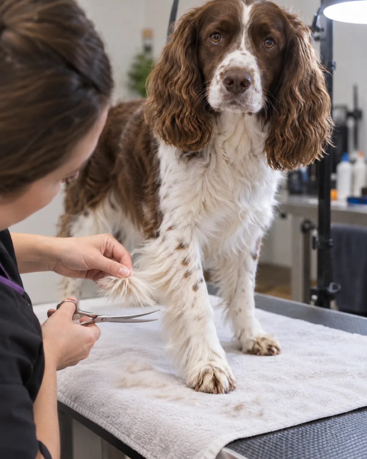 a medium athletic liver-and-white coated dog with long feathered drop ears standing on a white towel on a grooming table, a person using curved scissors to trim feathered fur around one front paw