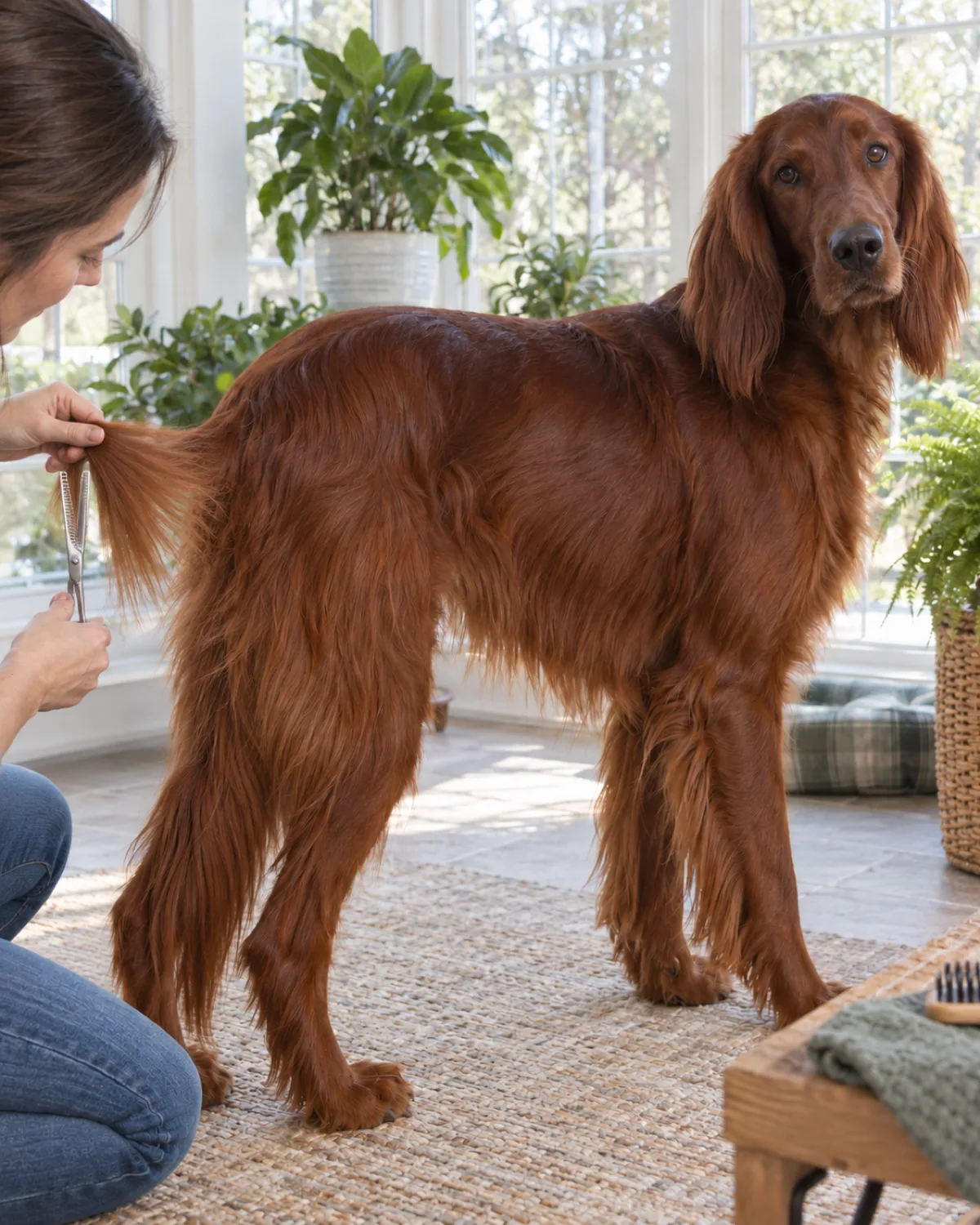 a large lean deep-mahogany-red long silky feathered-coated dog standing in a sunroom with large windows and indoor plants, a person blending the coat with thinning shears near the hip